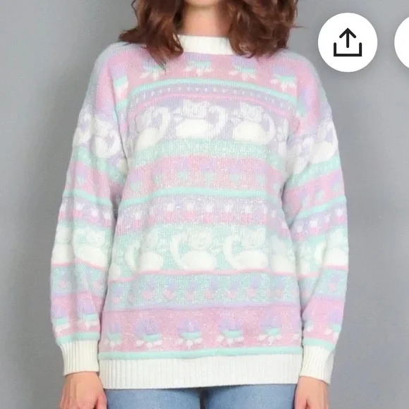 Vintage 80s Sparkle Cat Fairy Kei Sweater Pastel Pink Purple Kitty Kitten Kawaii - Picture 6 of 7